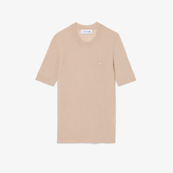 Camisola de malha canelada em lã merino de manga curta para mulher