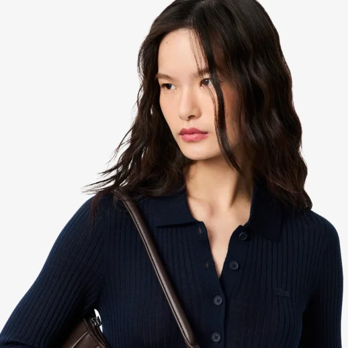 Camisola de malha de lã com gola polo para mulher