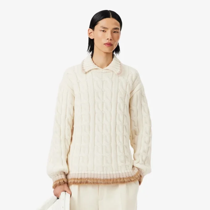 Camisola de malha trançada com gola polo em lã Runway