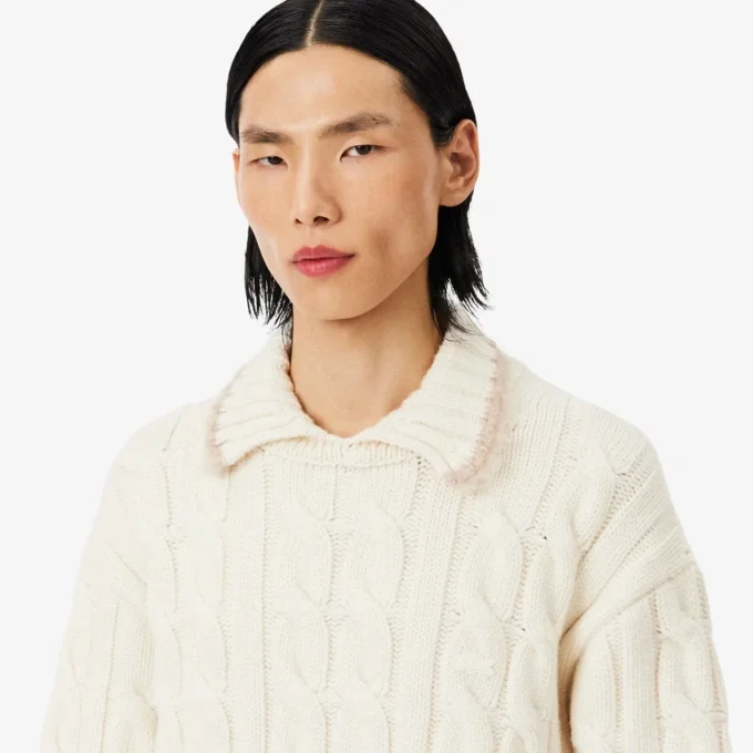 Camisola de malha trançada com gola polo em lã Runway