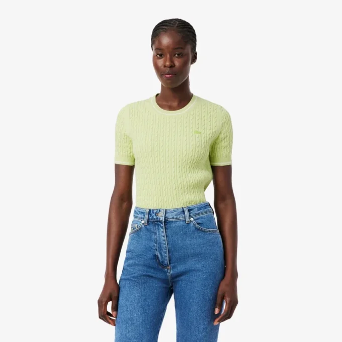 Camisola de malha trançada de manga curta