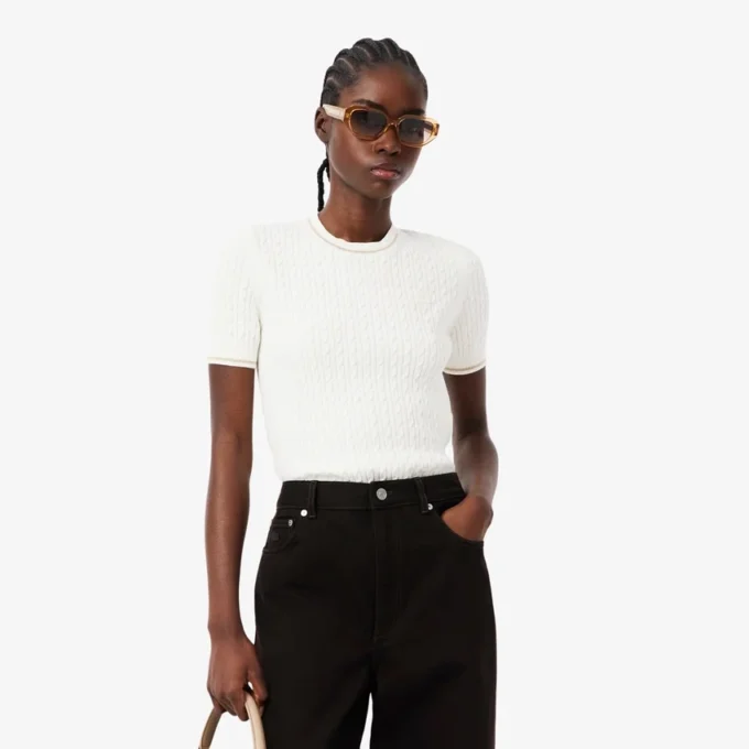 Camisola de malha trançada de manga curta
