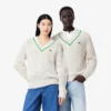 Camisola de ténis unissexo com gola em V às riscas