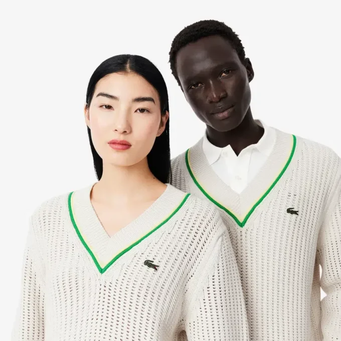 Camisola de ténis unissexo com gola em V às riscas