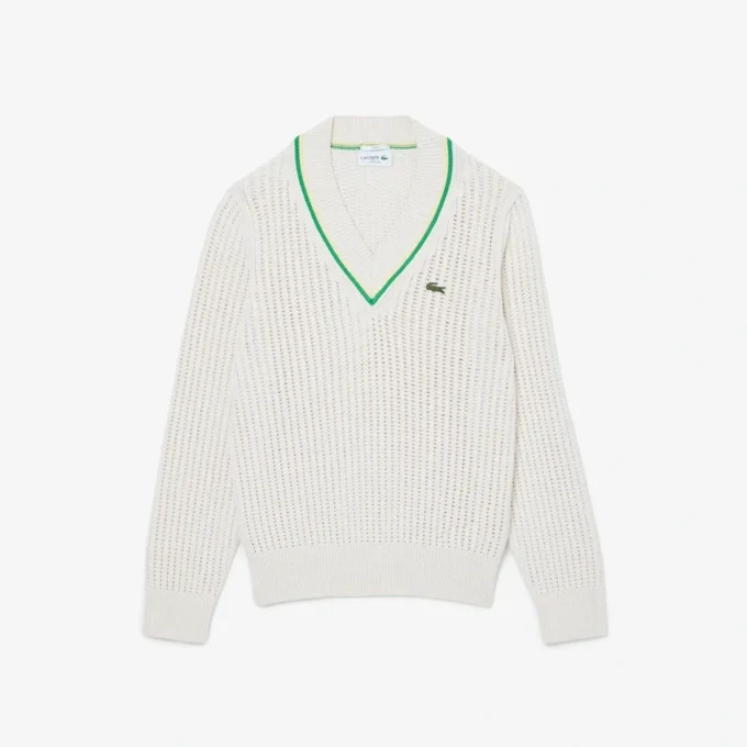 Camisola de ténis unissexo com gola em V às riscas