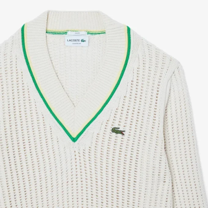 Camisola de ténis unissexo com gola em V às riscas
