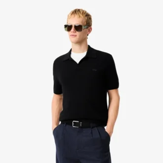 Camisola masculina de gola polo aberta em mistura de algodão