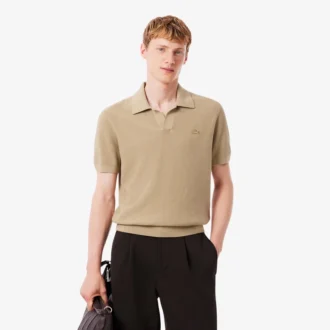 Camisola masculina de gola polo aberta em mistura de algodão