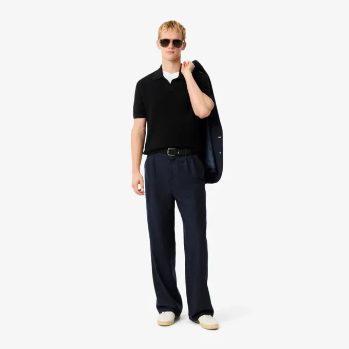 Camisola masculina de gola polo aberta em mistura de algodão