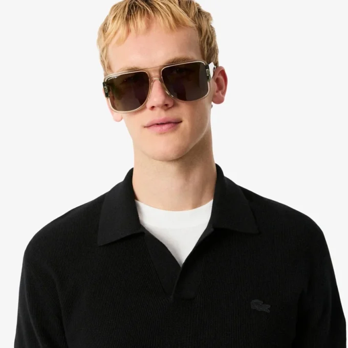 Camisola masculina de gola polo aberta em mistura de algodão