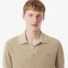 Camisola masculina de gola polo aberta em mistura de algodão