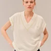 Camisola sem mangas com decote em V em mistura de algodão