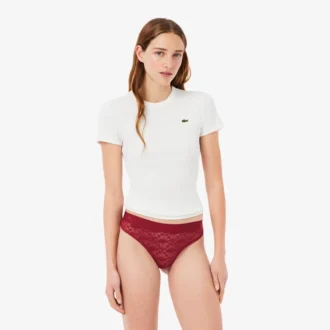 Cueca fio dental com renda e logótipo na cintura