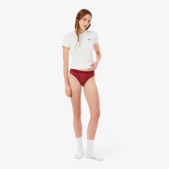Cueca fio dental com renda e logótipo na cintura