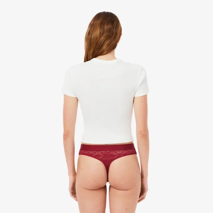 Cueca fio dental com renda e logótipo na cintura