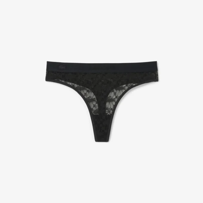 Cueca fio dental com renda e logótipo na cintura