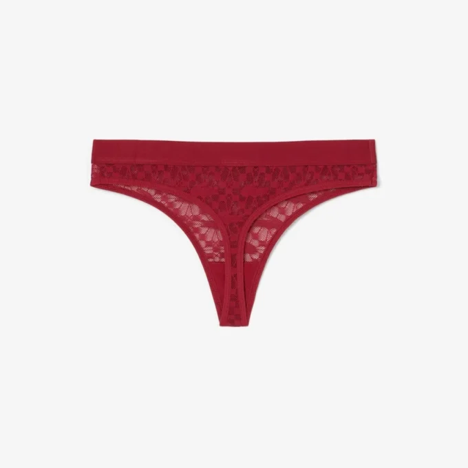 Cueca fio dental com renda e logótipo na cintura