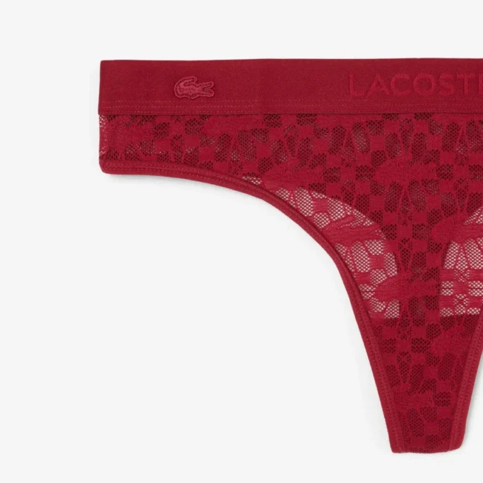 Cueca fio dental com renda e logótipo na cintura