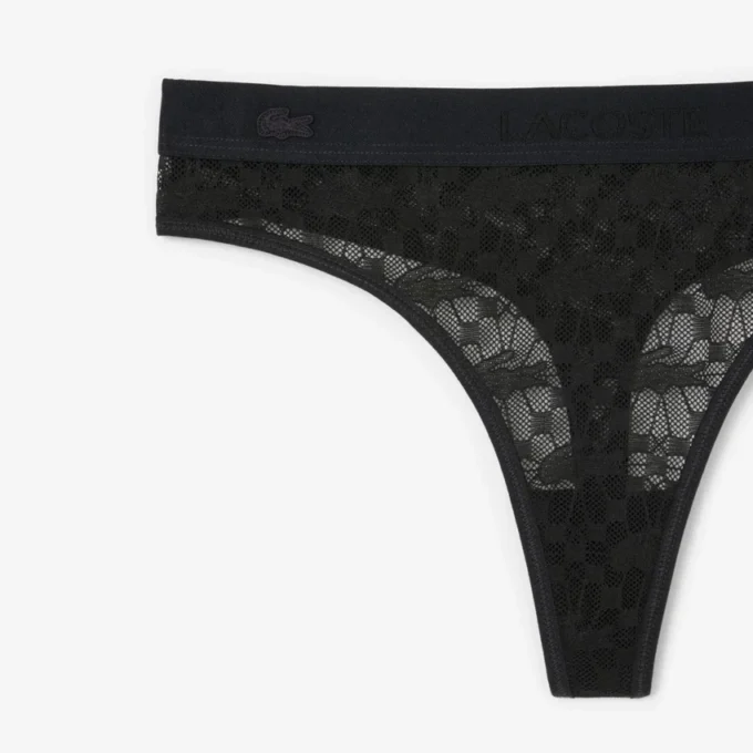 Cueca fio dental com renda e logótipo na cintura