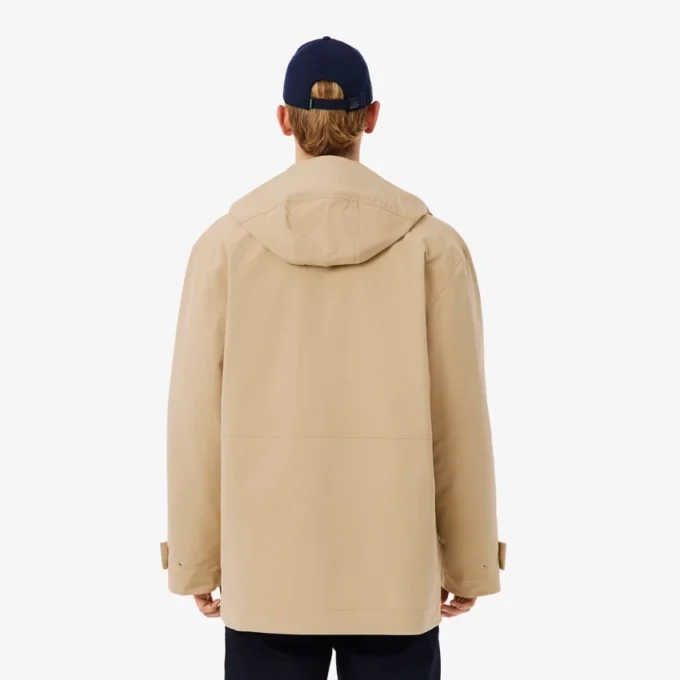 Parka com capuz repelente de água de comprimento médio para homem