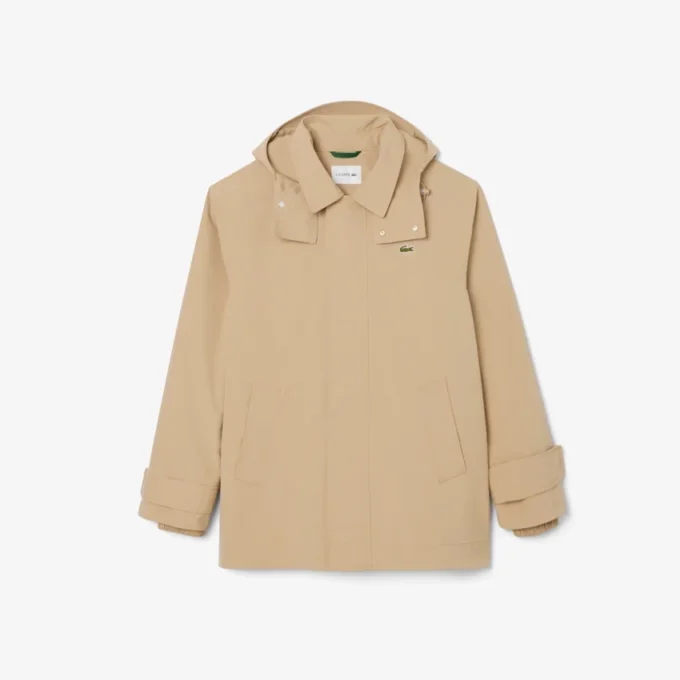 Parka com capuz repelente de água de comprimento médio para homem