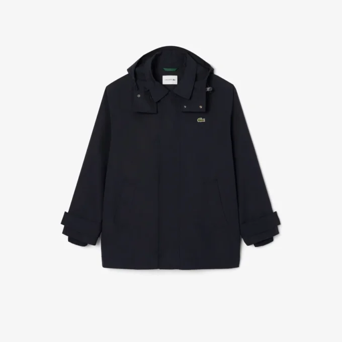 Parka com capuz repelente de água de comprimento médio para homem