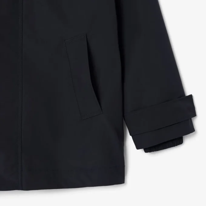 Parka com capuz repelente de água de comprimento médio para homem