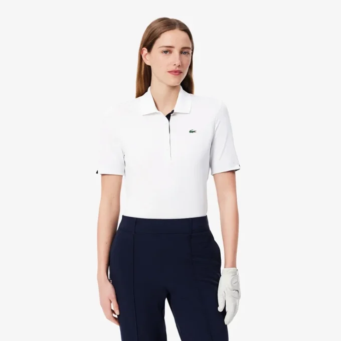 Polo de golfe feminino slim fit com proteção UV e tecido elástico