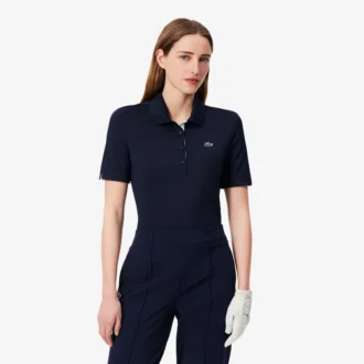 Polo de golfe feminino slim fit com proteção UV e tecido elástico