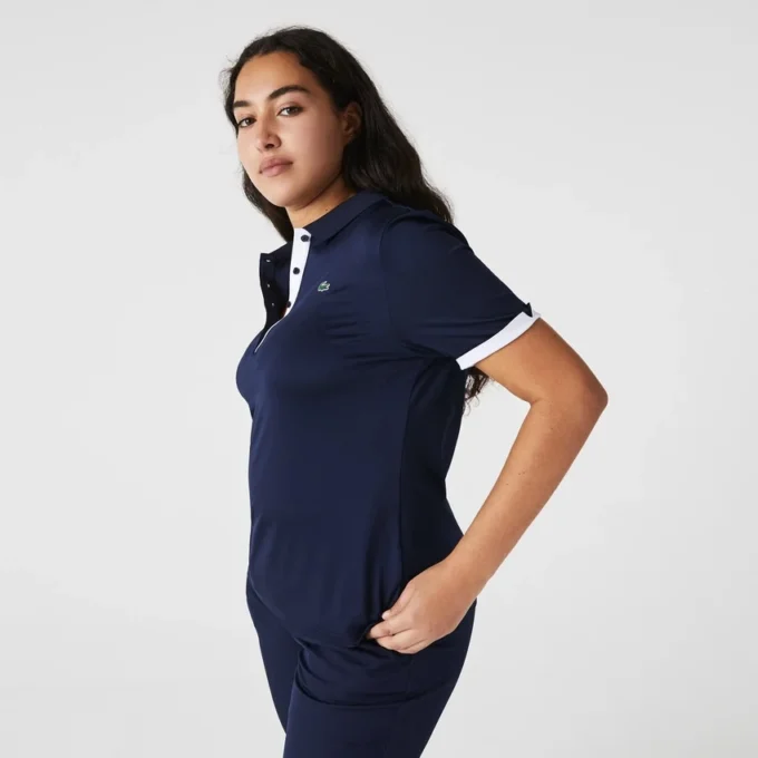 Polo de golfe feminino slim fit com proteção UV e tecido elástico