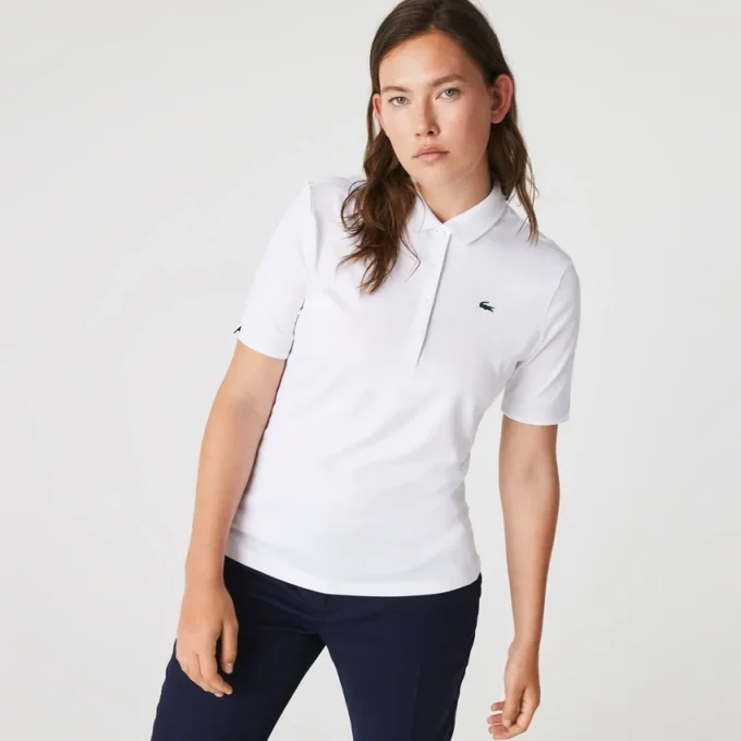 Polo de golfe feminino slim fit com proteção UV e tecido elástico