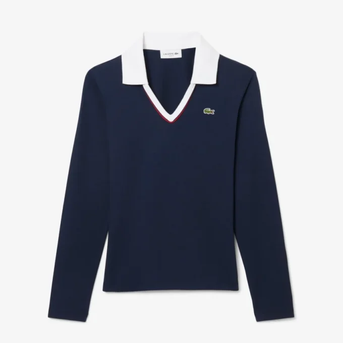 Polo de manga comprida com corte justo e detalhes de acabamento para mulher