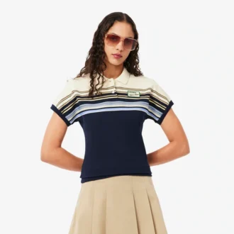 Polo feminino com riscas, corte justo, fabricado em França