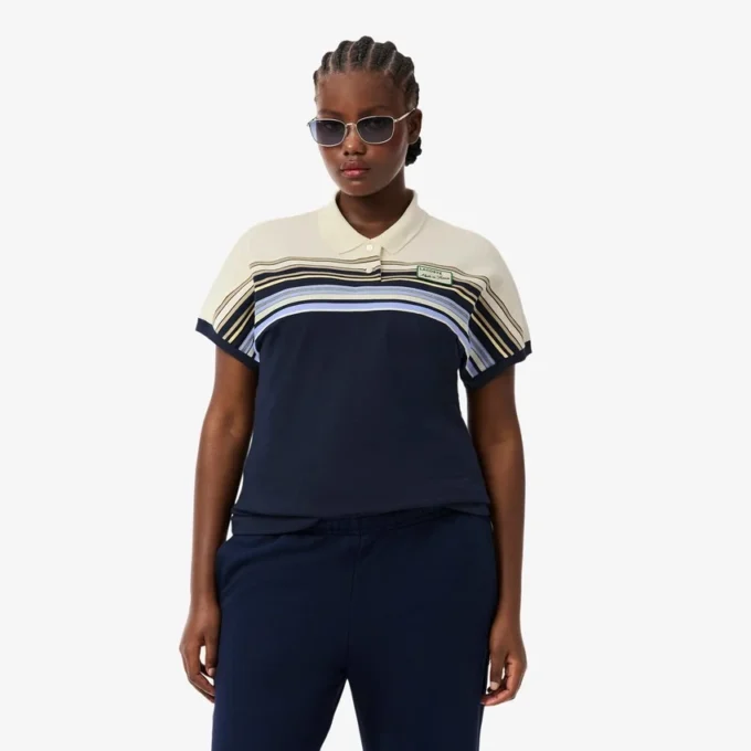 Polo feminino com riscas, corte justo, fabricado em França