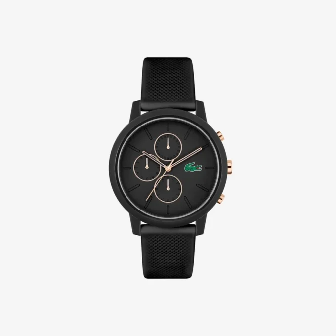 Relógio Lacoste.12.12 Chrono em silicone preto e dourado cravo