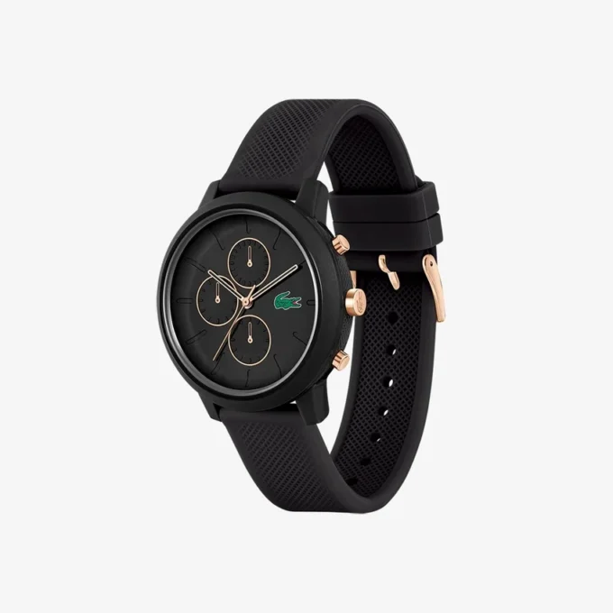 Relógio Lacoste.12.12 Chrono em silicone preto e dourado cravo