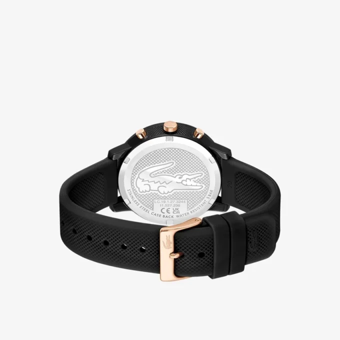 Relógio Lacoste.12.12 Chrono em silicone preto e dourado cravo