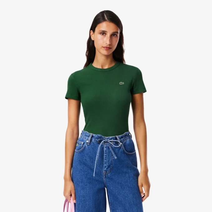 T-shirt de algodão canelado com corte justo para mulher