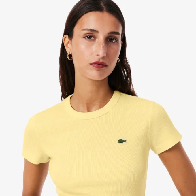 T-shirt de algodão canelado com corte justo para mulher