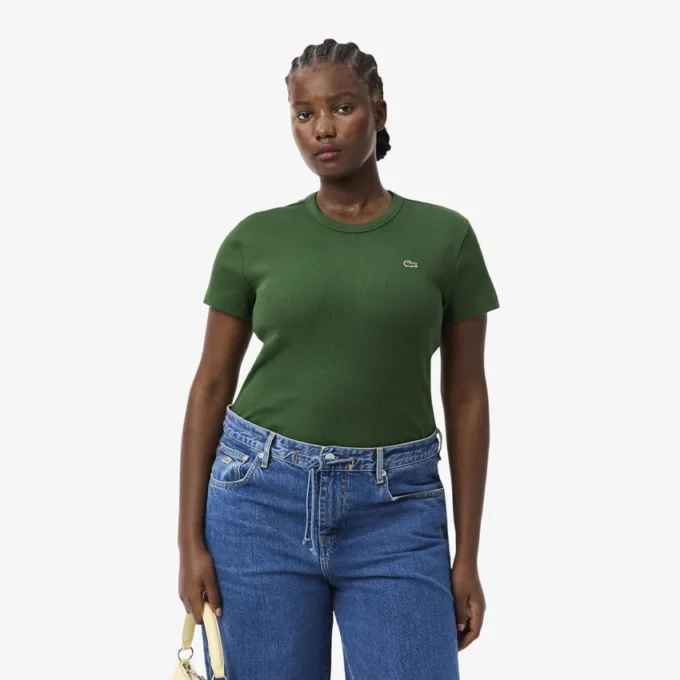 T-shirt de algodão canelado com corte justo para mulher