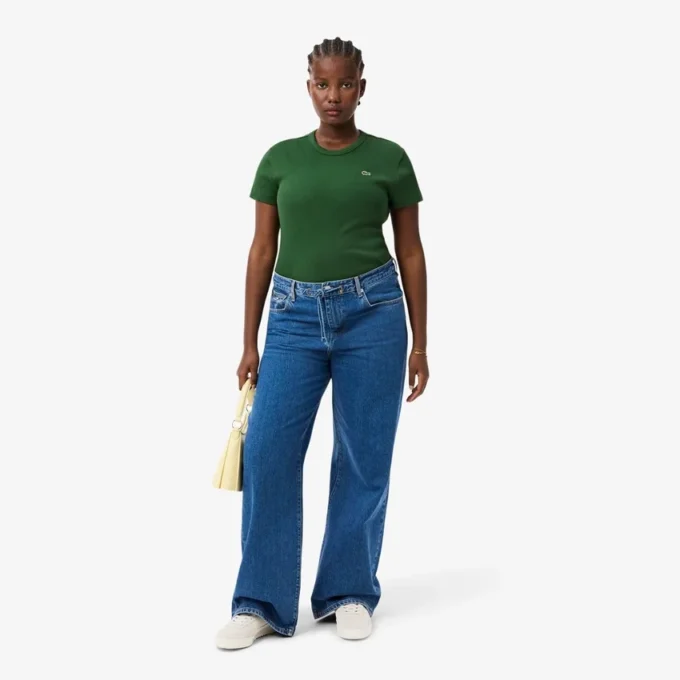 T-shirt de algodão canelado com corte justo para mulher