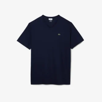 T-shirt de algodão com gola em V canelada para homem, corte alto