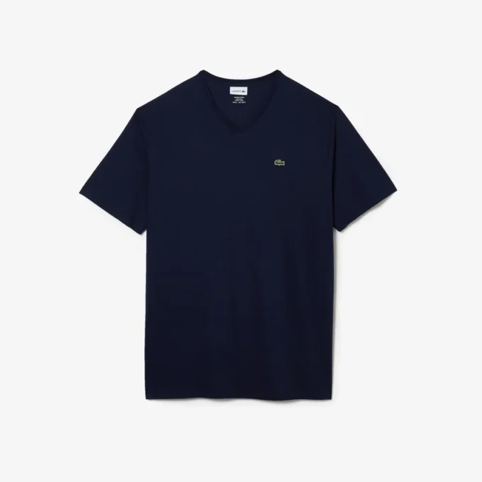 T-shirt de algodão com gola em V canelada para homem, corte alto