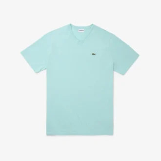 T-shirt de algodão com gola em V canelada para homem, corte alto