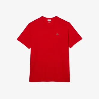 T-shirt de algodão com gola em V canelada para homem, corte alto