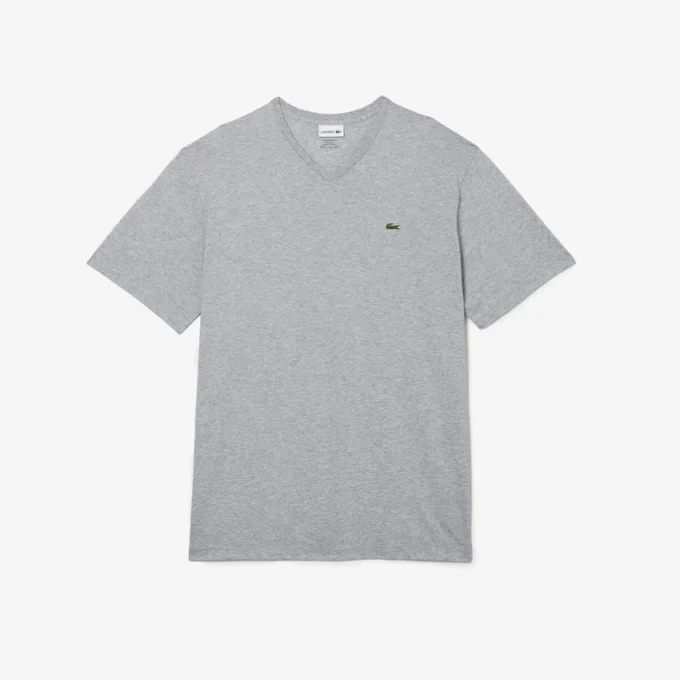 T-shirt de algodão com gola em V canelada para homem, corte alto