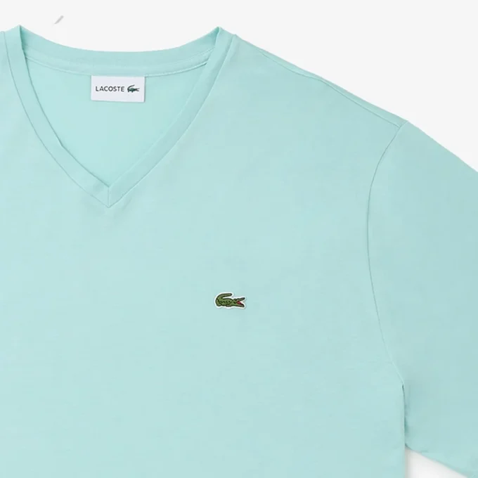 T-shirt de algodão com gola em V canelada para homem, corte alto