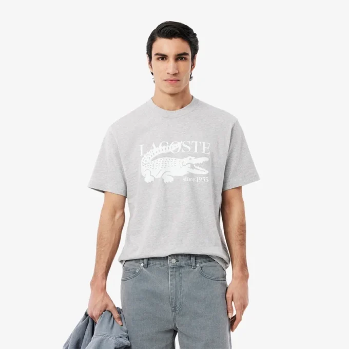 T-shirt de algodão estampada de corte clássico para homem
