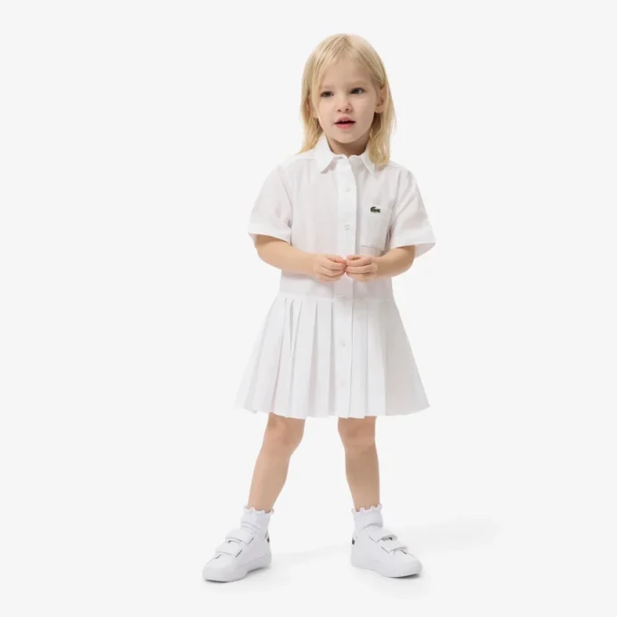 Vestido-camisa com saia plissada em popeline
