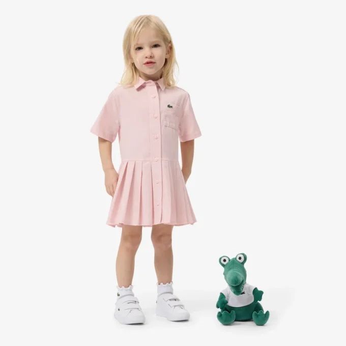 Vestido-camisa com saia plissada em popeline